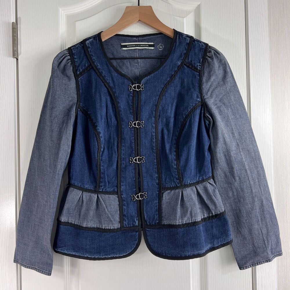 Daughters of the Liberation Two Tone Denim Peplum Jacket Black Trim Women's 2